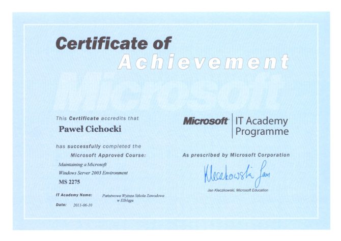 Certyfikat - Microsoft Windows Server 2003
